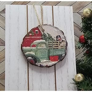 Classic Green Truck Farm Scene Dog Wooden Disk Holly Ornament/Gift Tag, 2.5 inch
